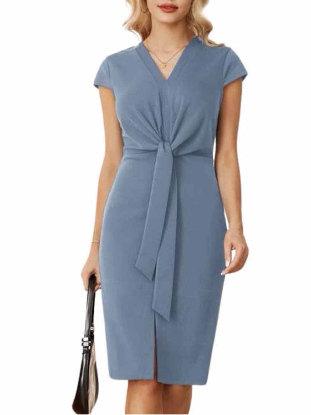 Grace Karin Blue Tie-Front Cap Sleeve V-Neck Midi Dress